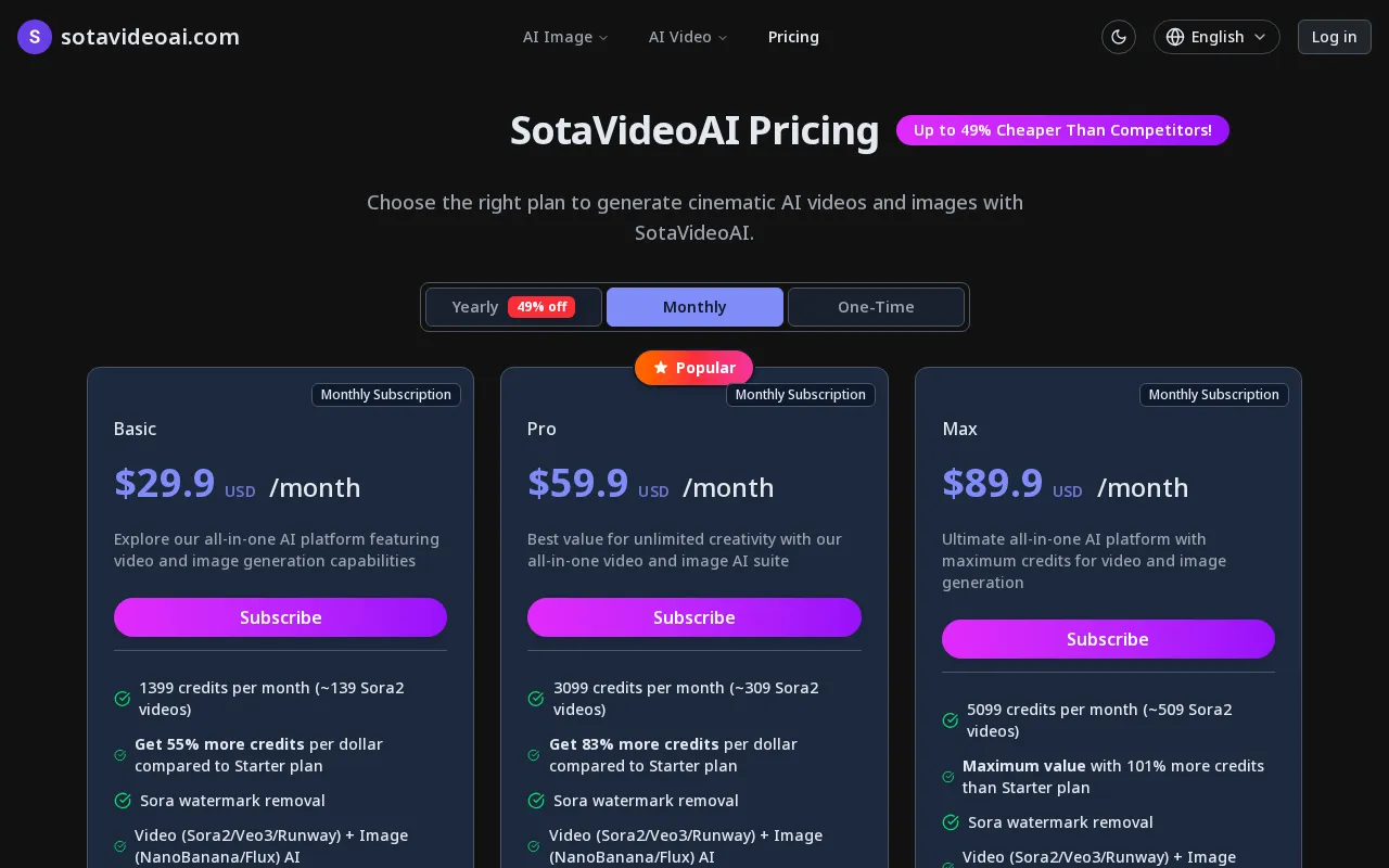 sotavideoai.com — pricing page