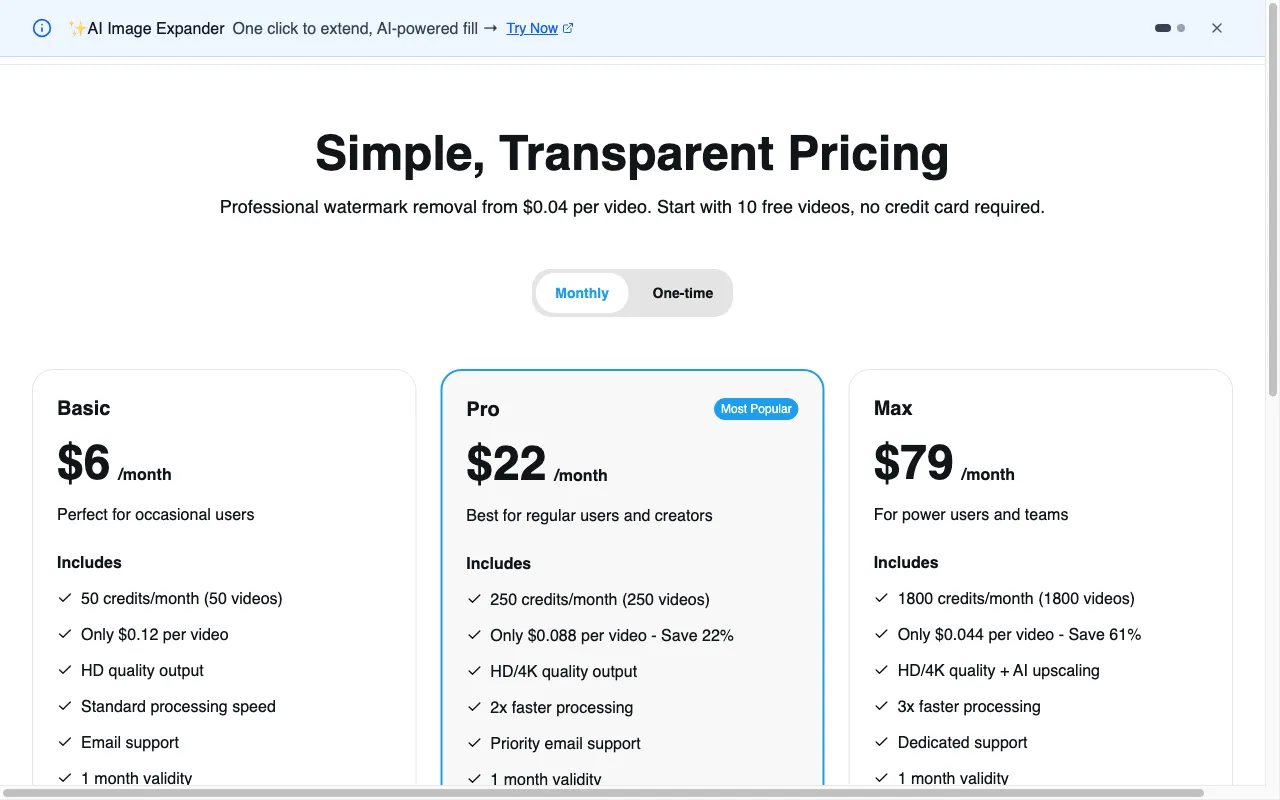Sora2WatermarkRemover — pricing page