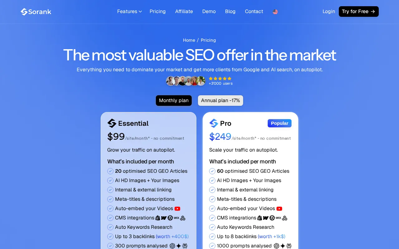 Sorank — pricing page