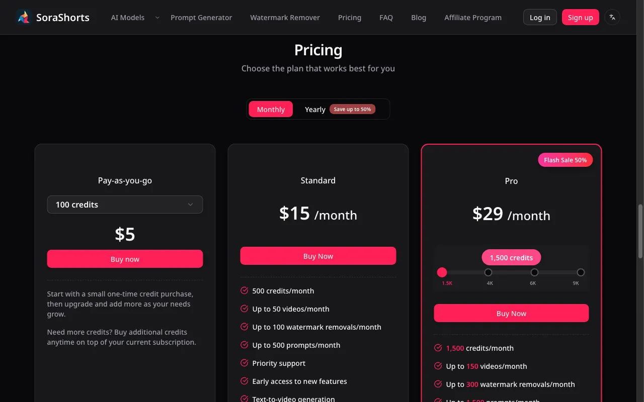 SoraShorts — pricing page