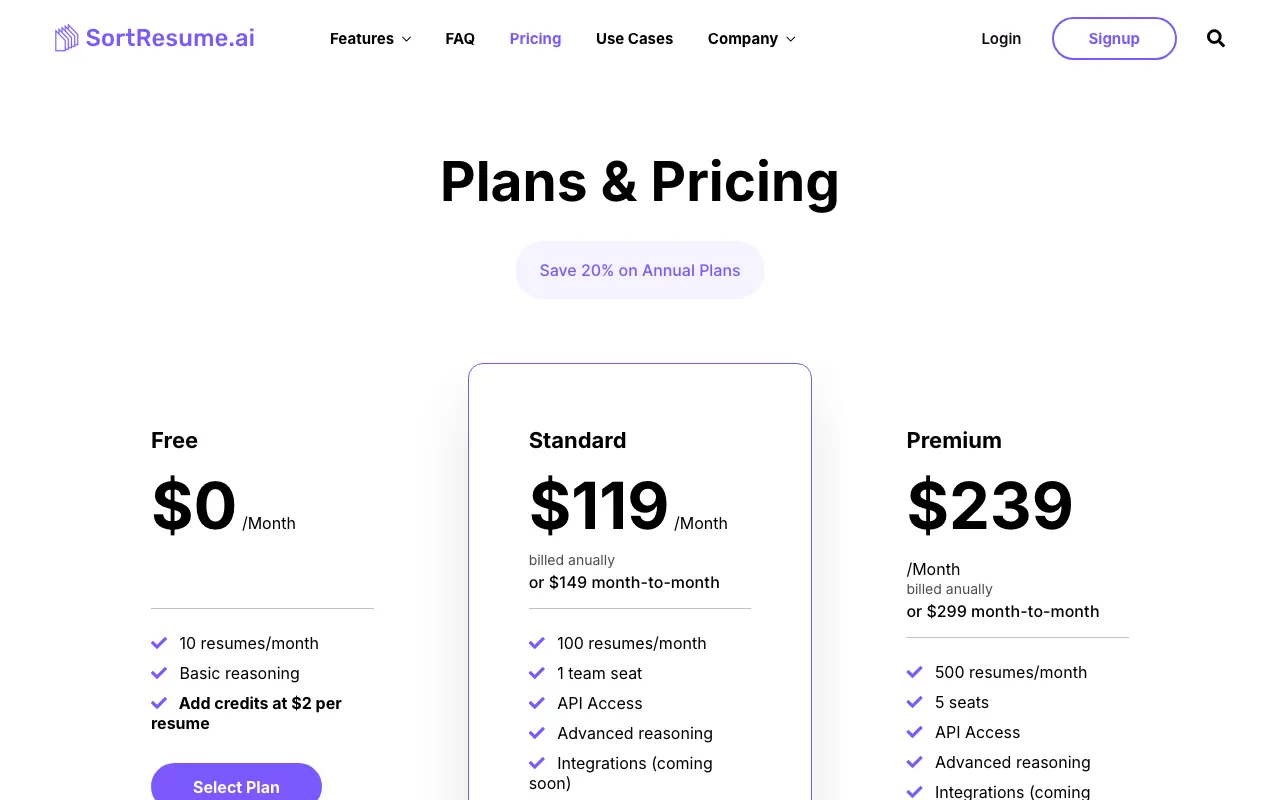 SortResume.ai — pricing page