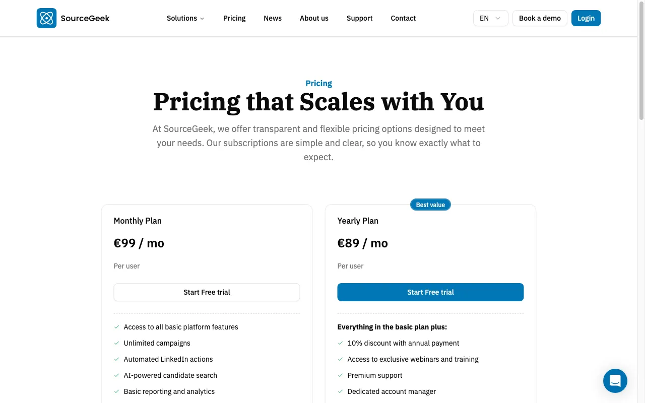 SourceGeek — pricing page