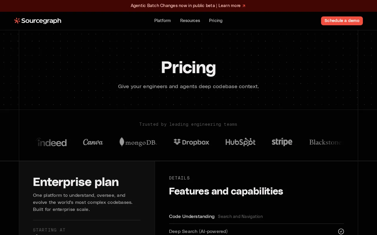 Sourcegraph — pricing page