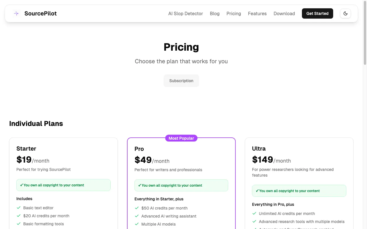 SourcePIlot — pricing page