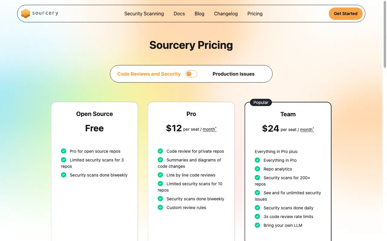 Sourcery Sentinel — pricing page