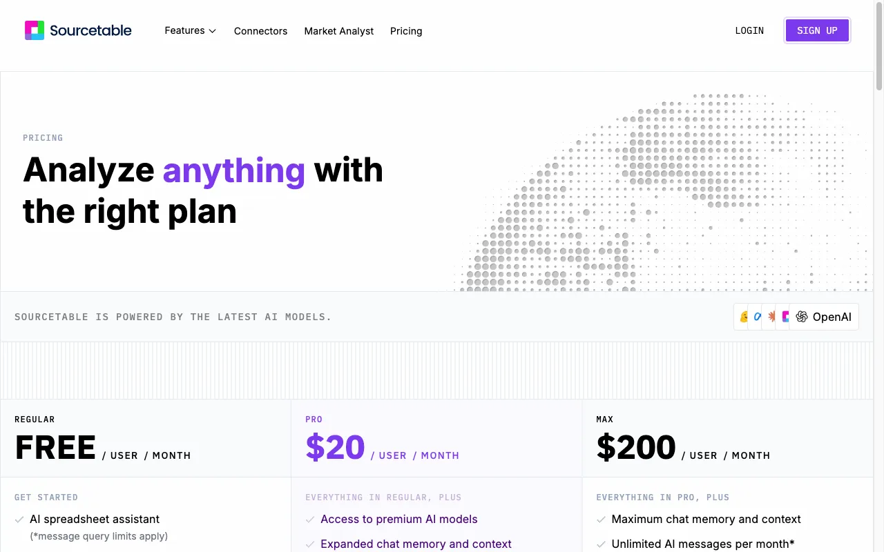 Sourcetable — pricing page