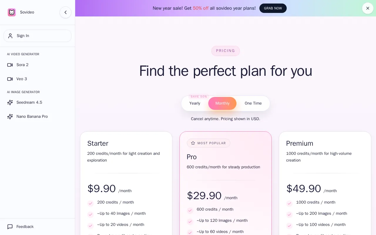SoVideo — pricing page
