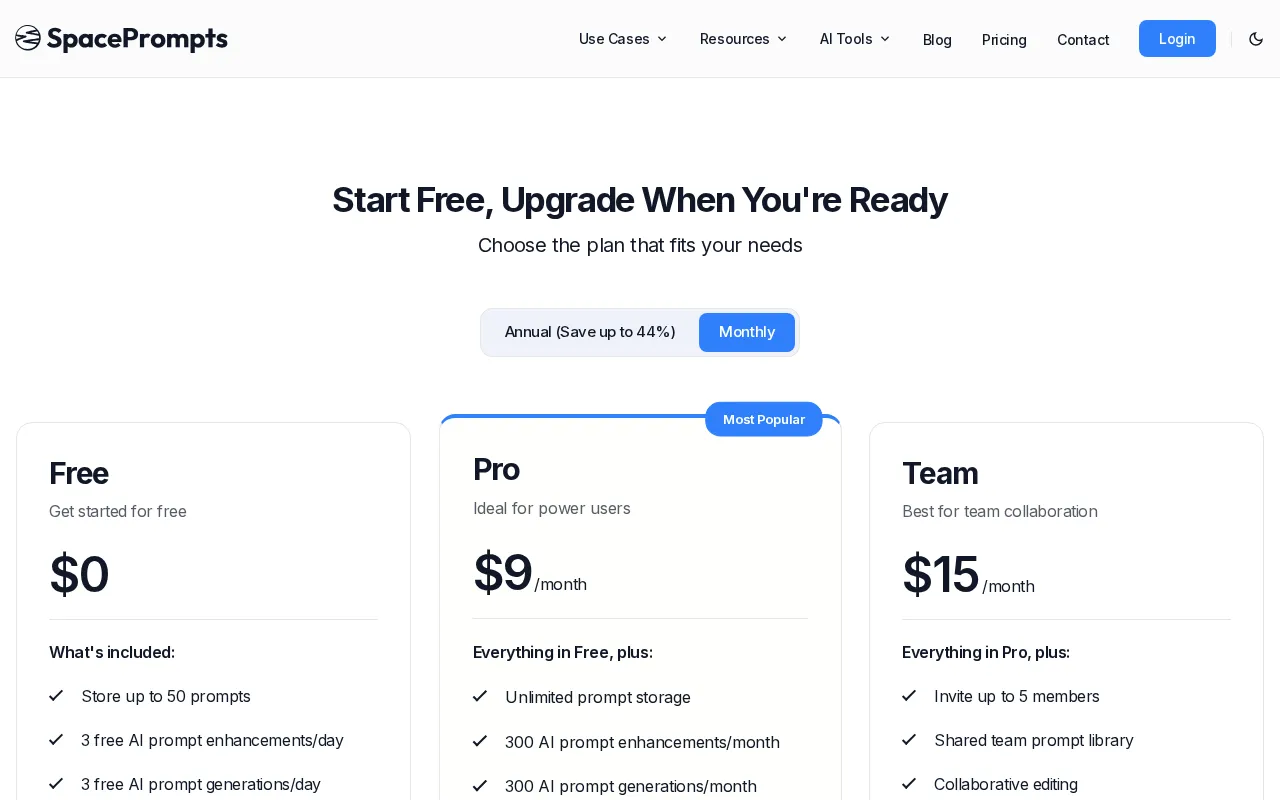 SpacePrompts — pricing page