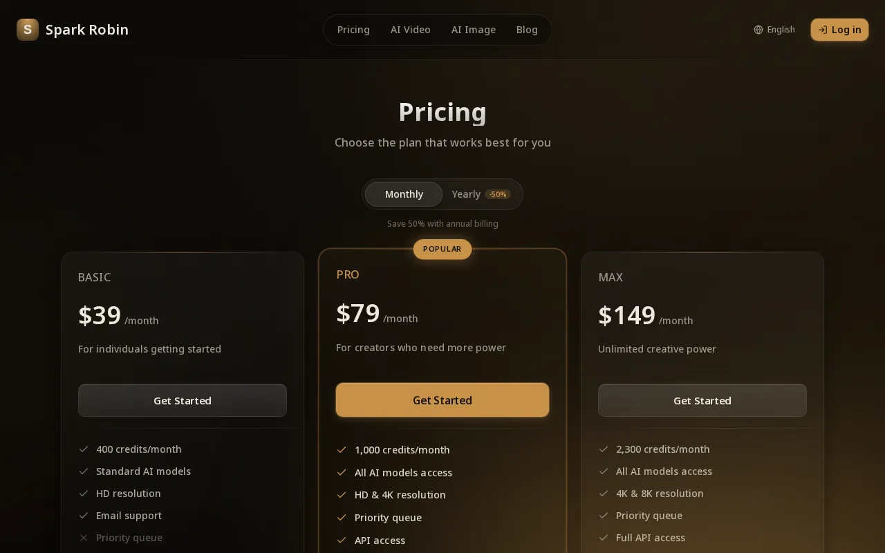 Spark Robin AI — pricing page