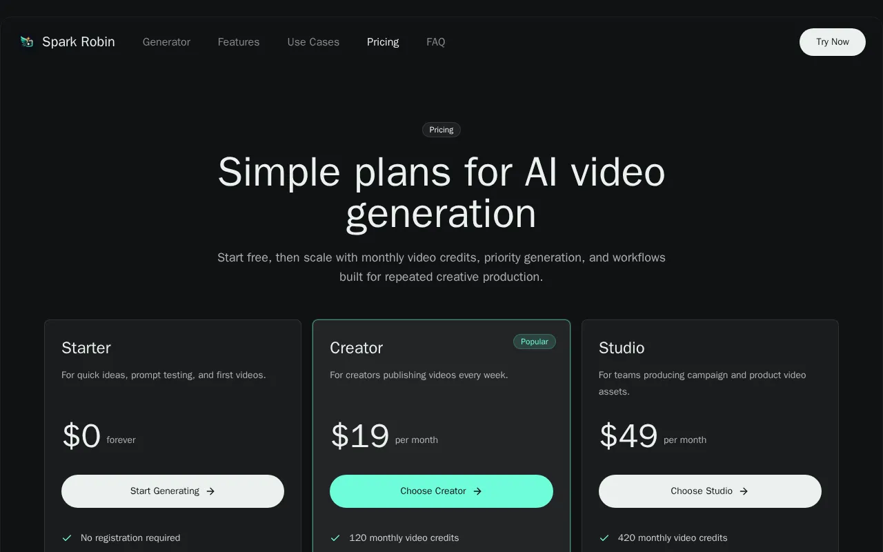 Spark Robin — pricing page