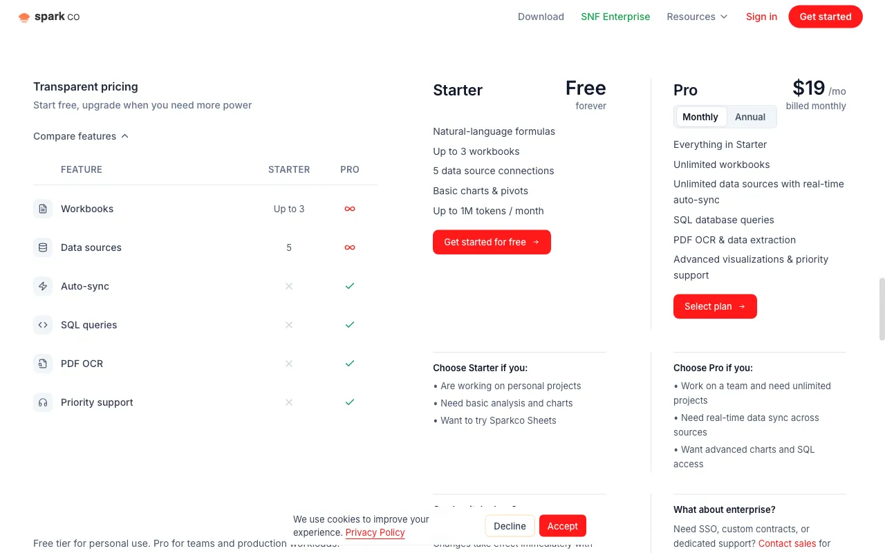 Sparkco AI Sheets — pricing page