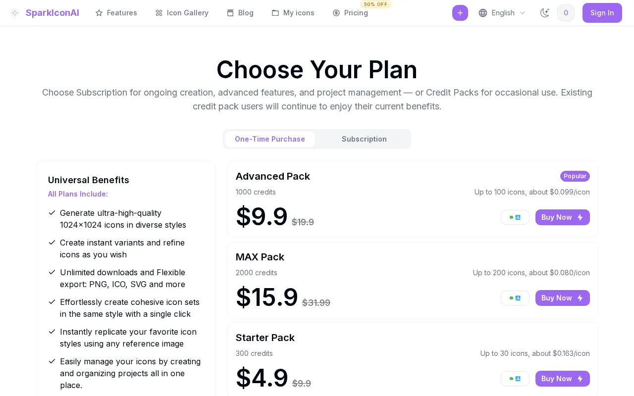 SparkIcon AI — pricing page