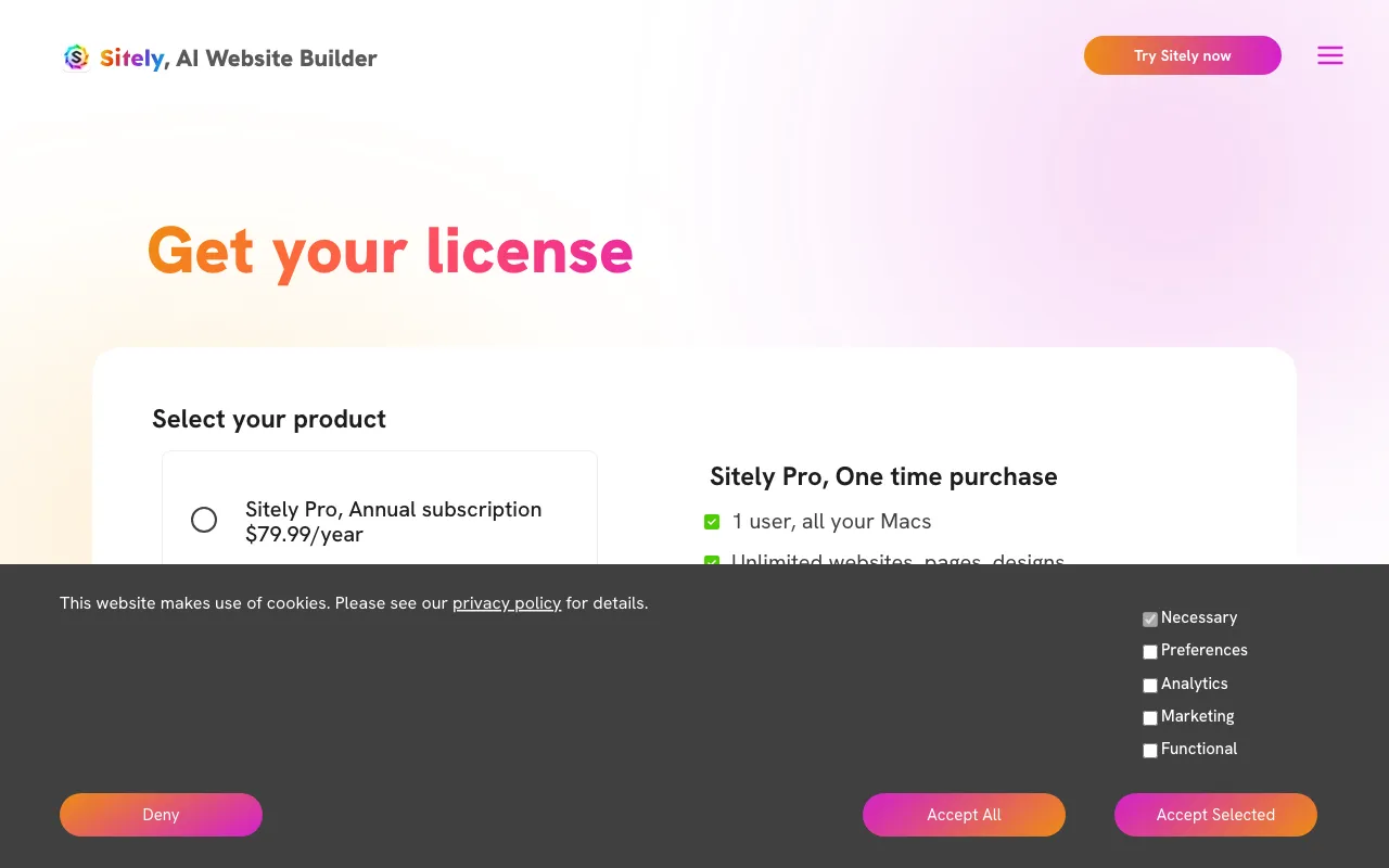 Sitely — pricing page