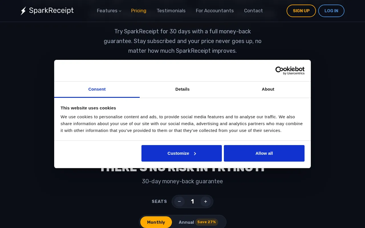 SparkReceipt — pricing page