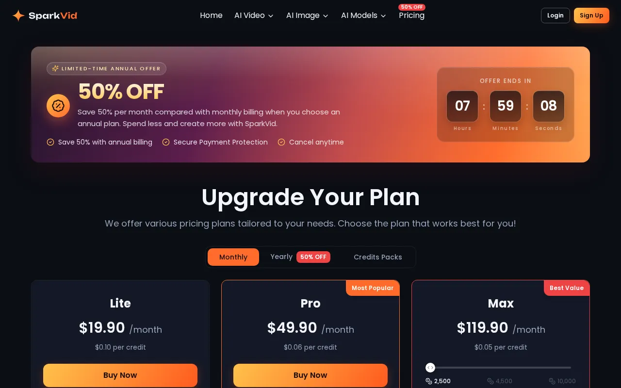 SparkVid AI — pricing page