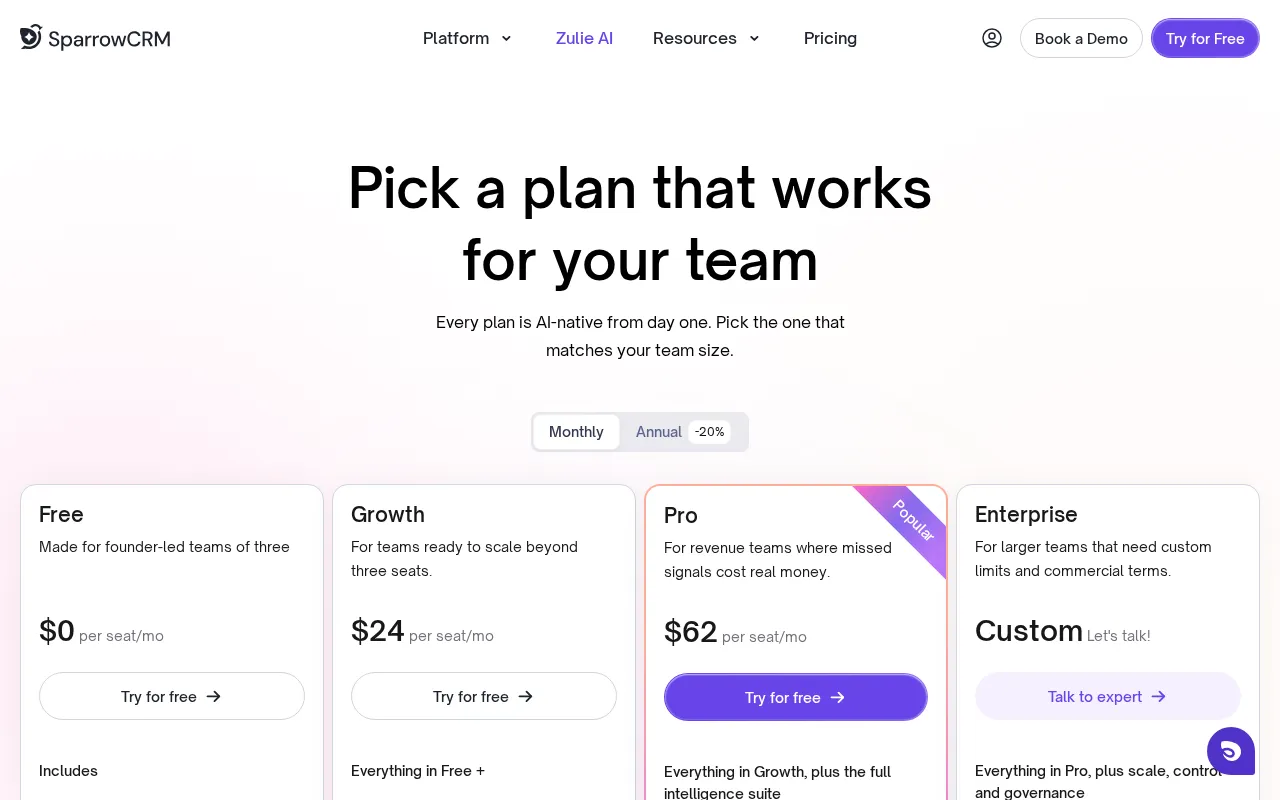SparrowCRM — pricing page