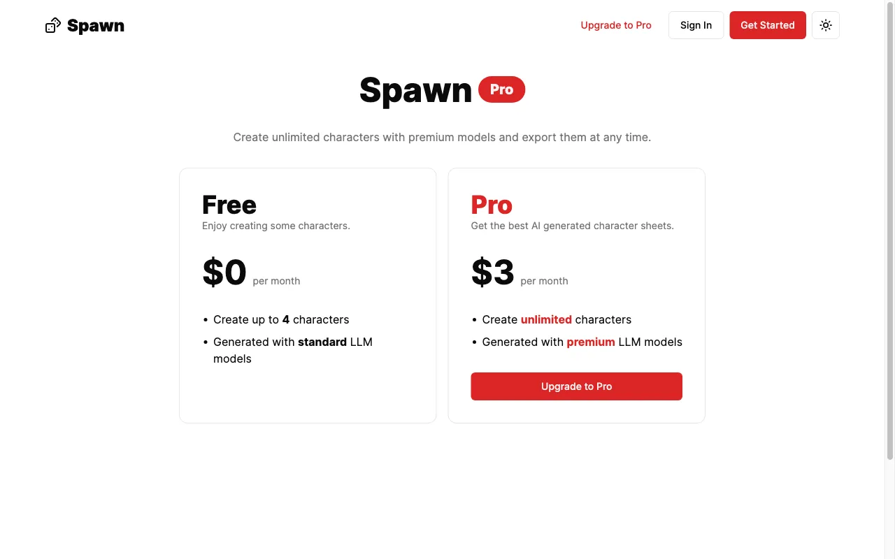 Spawn — pricing page