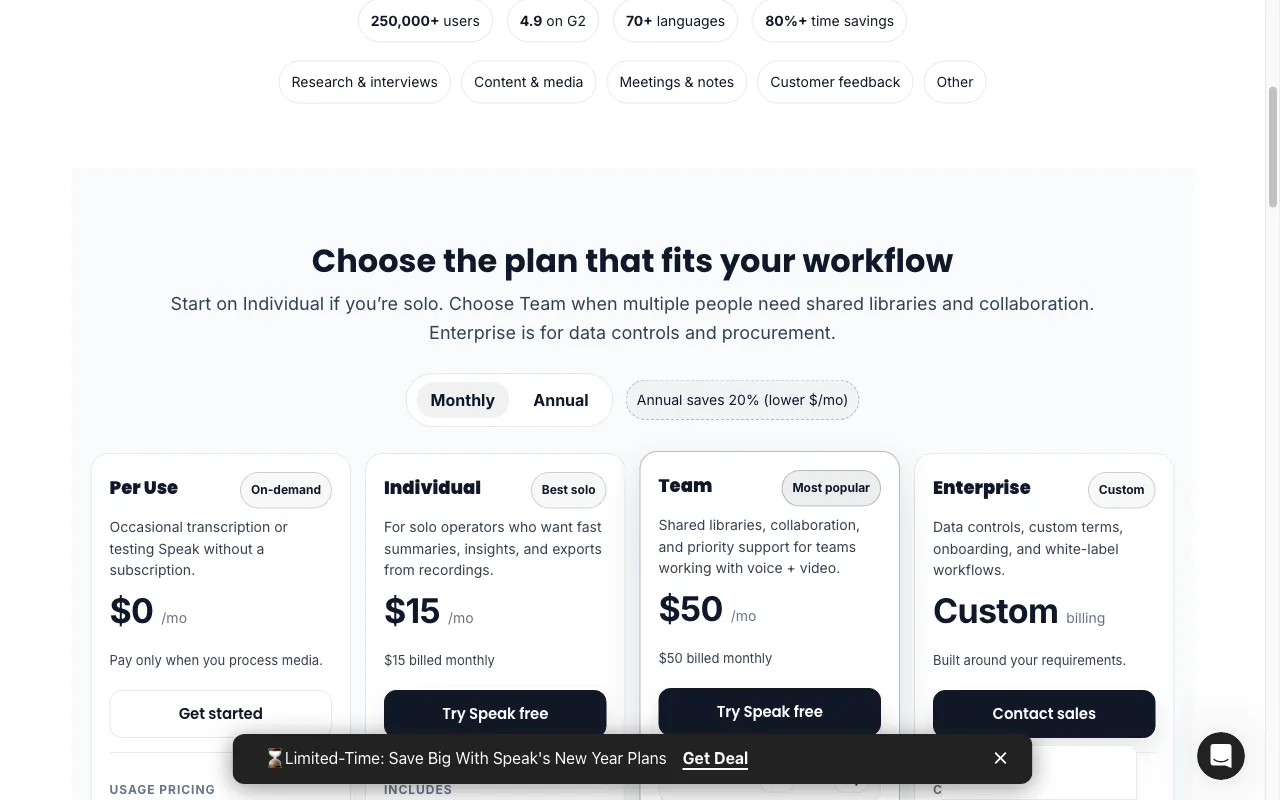 Speak AI — pricing page