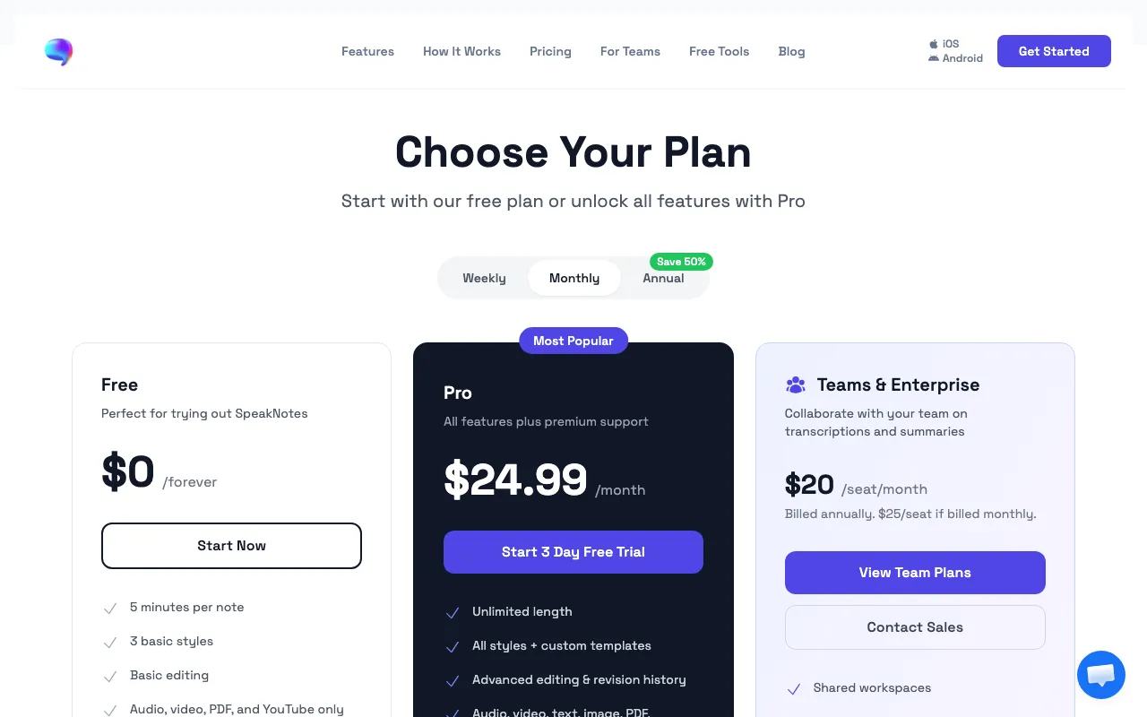 SpeakNotes — pricing page