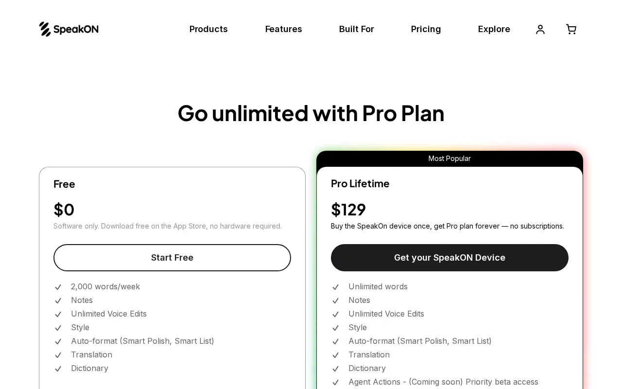 SpeakON — pricing page