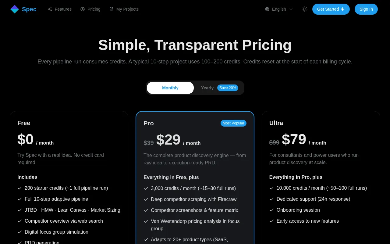 Spec — pricing page