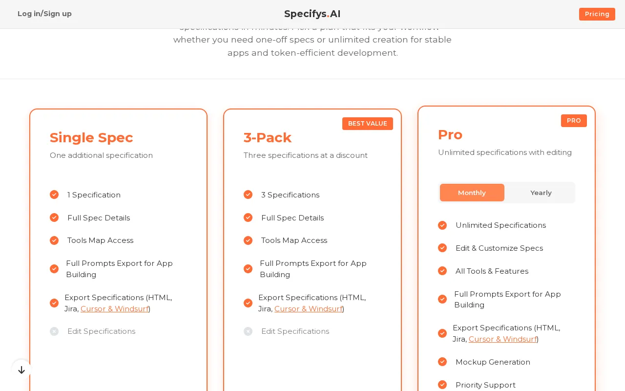 Specifys.ai — pricing page