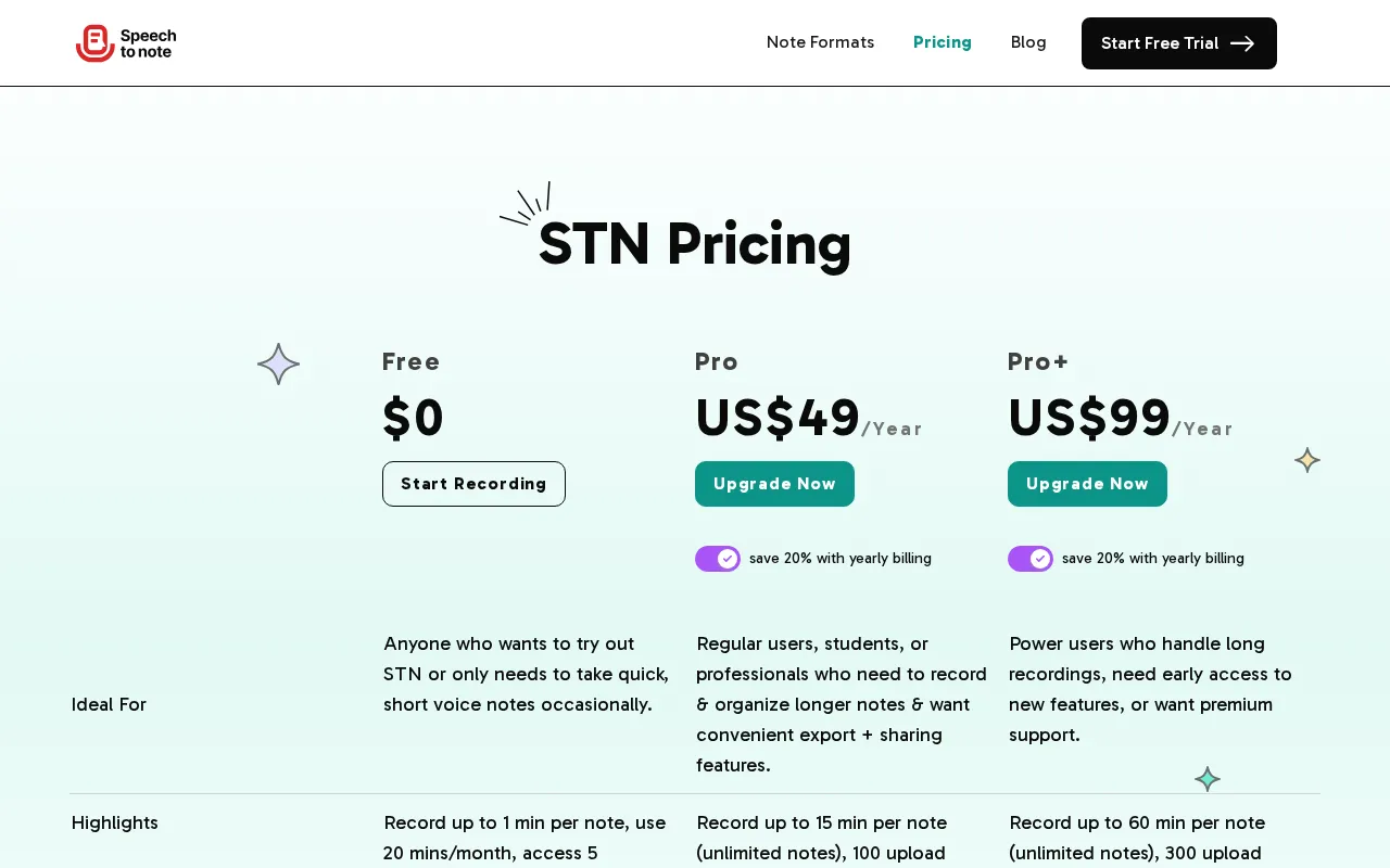 Speech to Note — pricing page
