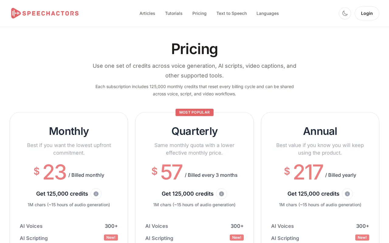 Speechactors — pricing page