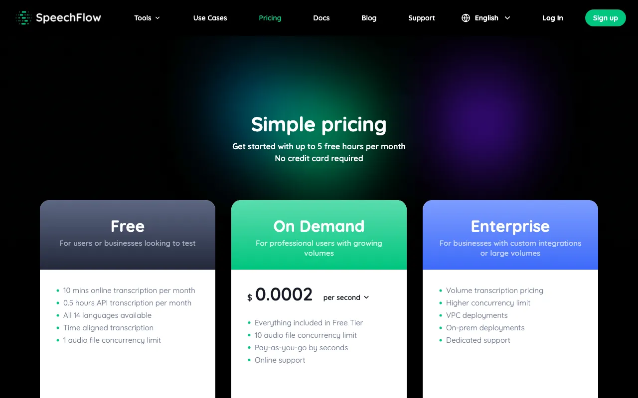 SpeechFlow — pricing page
