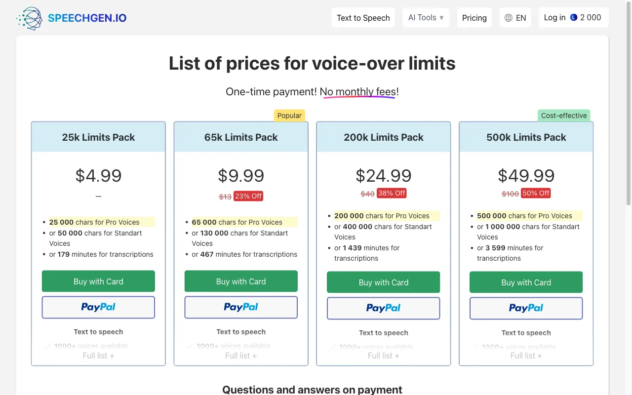 SpeechGen.io — pricing page