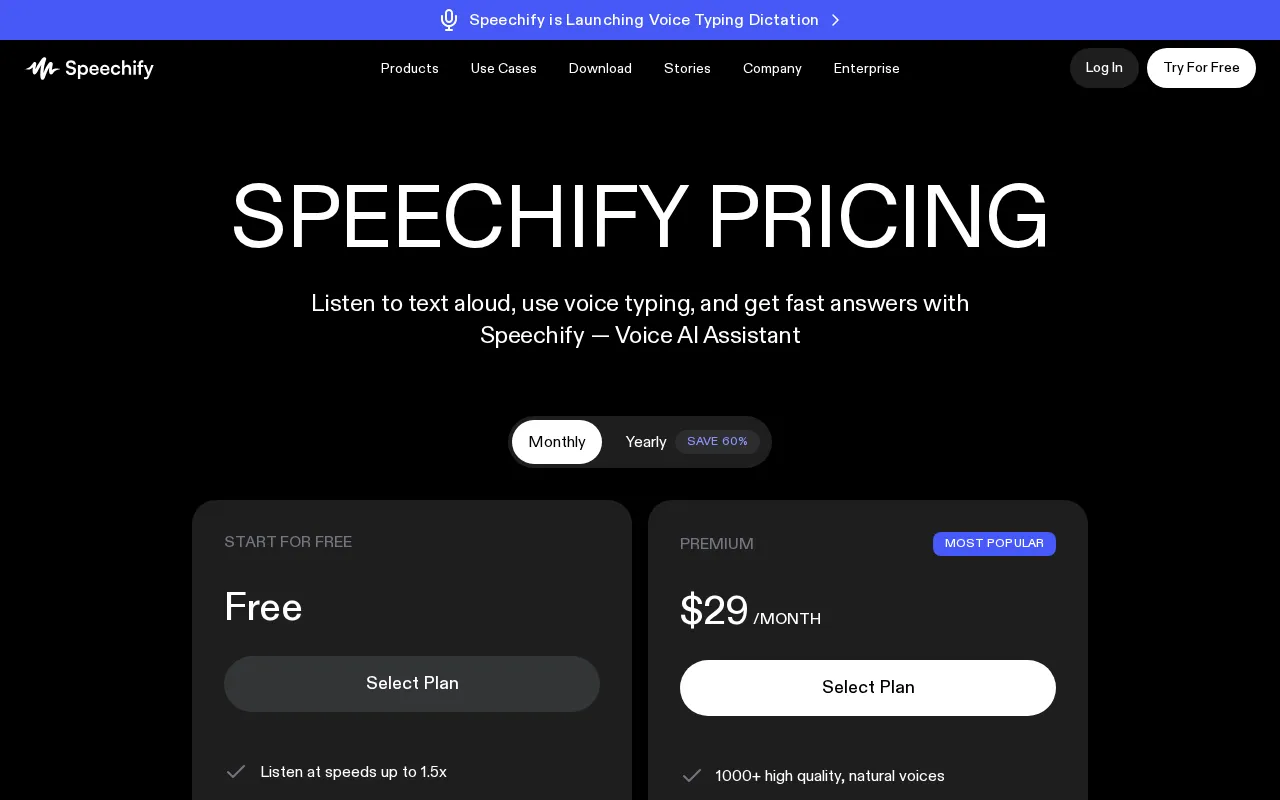 Speechify Studio — pricing page