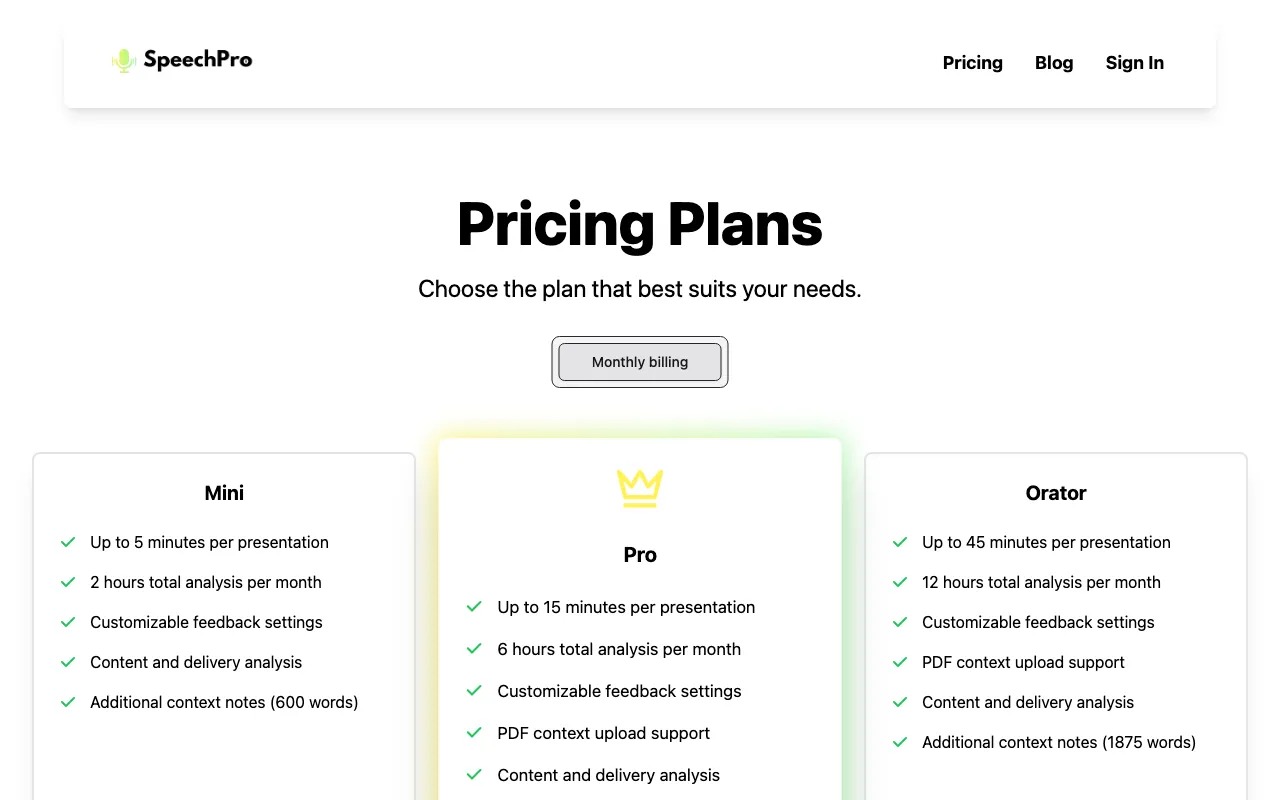 SpeechPro — pricing page