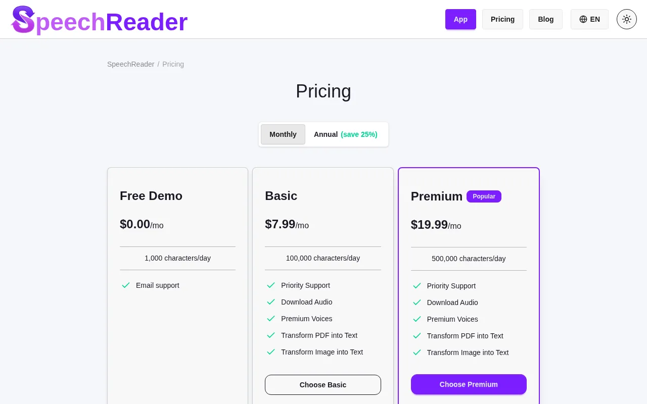 SpeechReader — pricing page