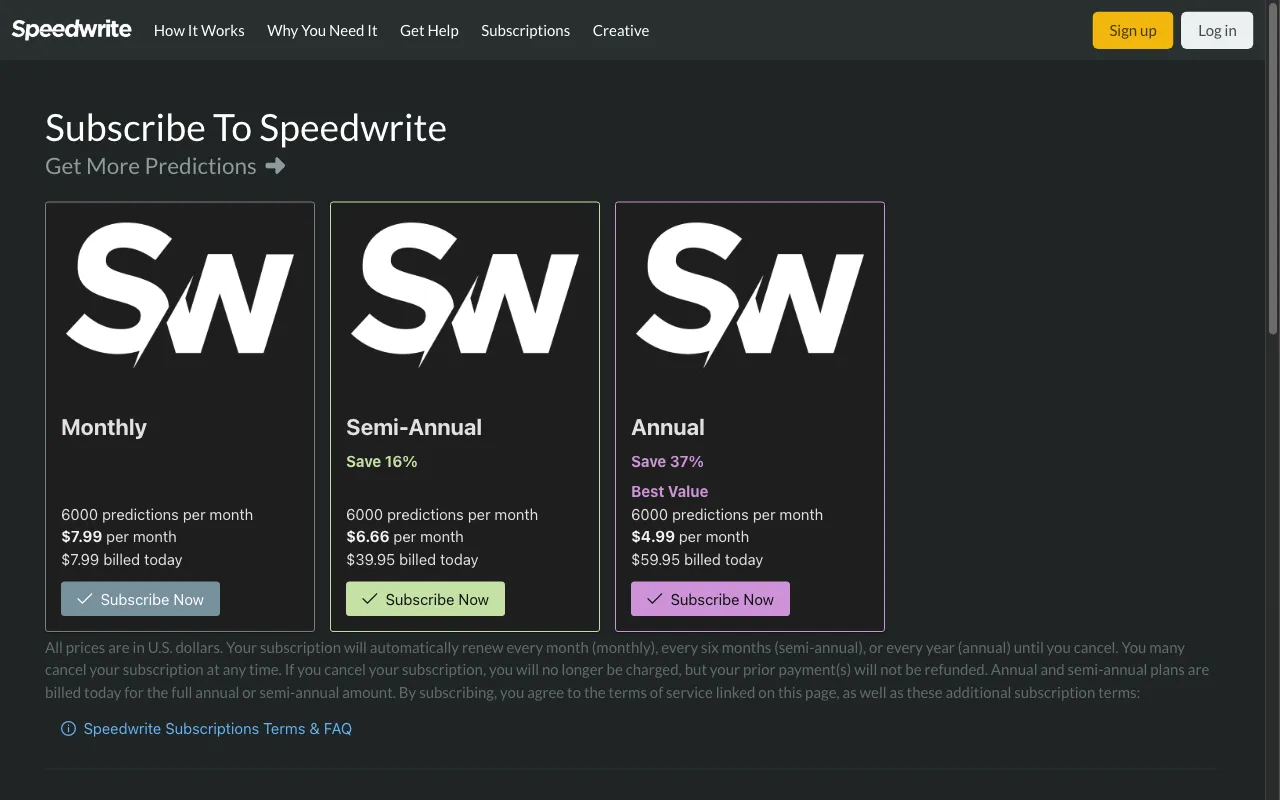 Speedwrite — pricing page