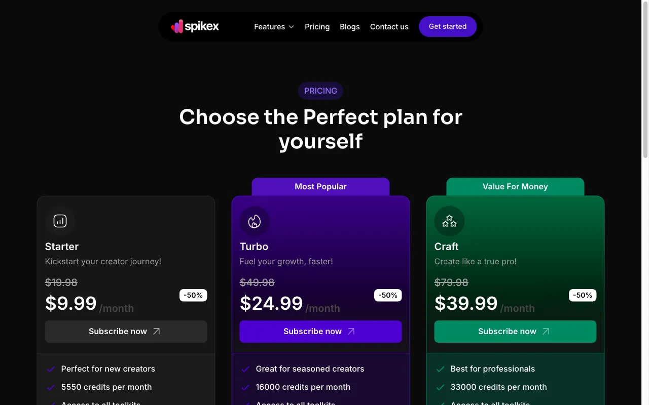 Spikex AI — pricing page