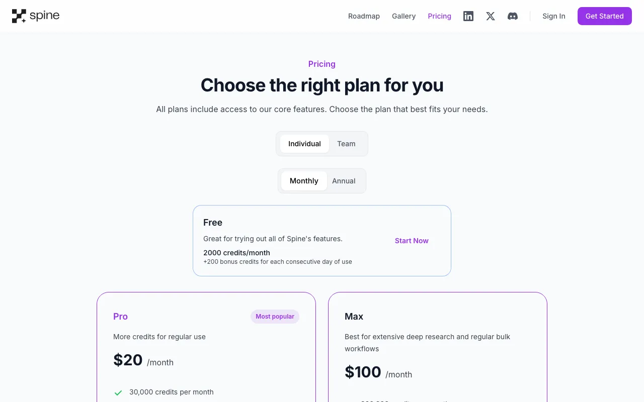 Spine — pricing page