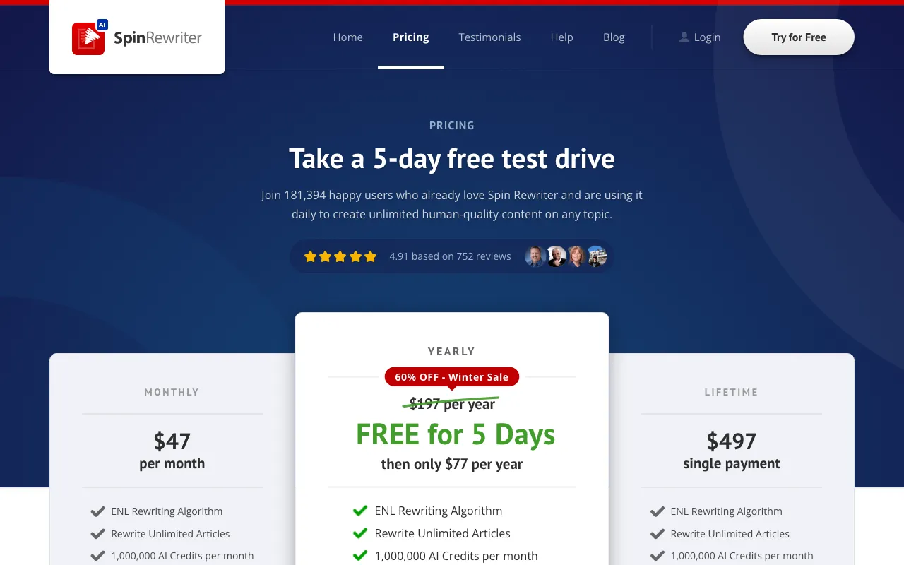 Spinrewriter — pricing page