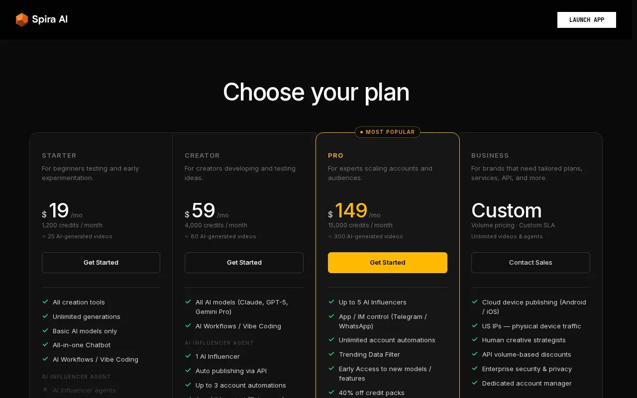 Spira AI — pricing page