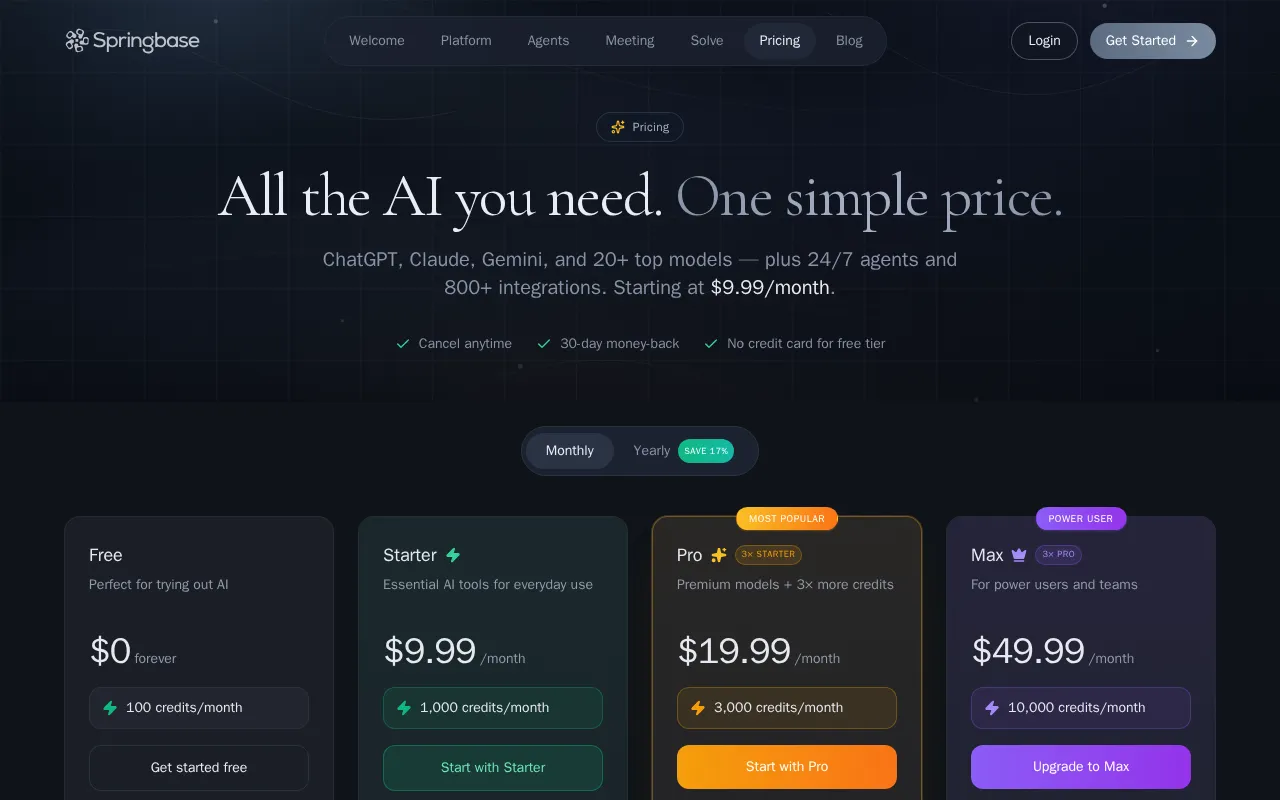 Springbase — pricing page