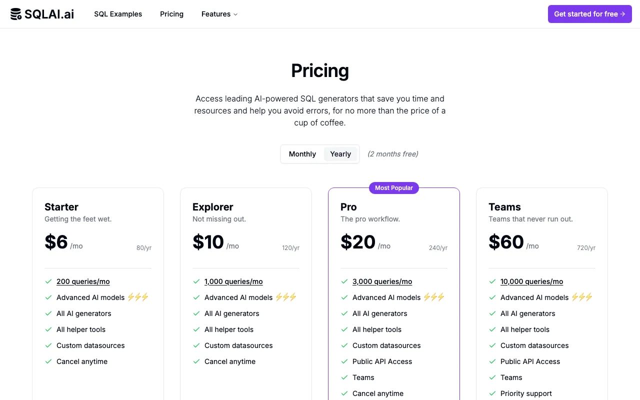 SQLAI.ai — pricing page
