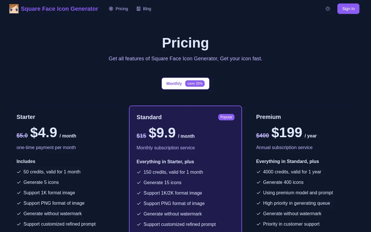 Square Face Icon Generator — pricing page