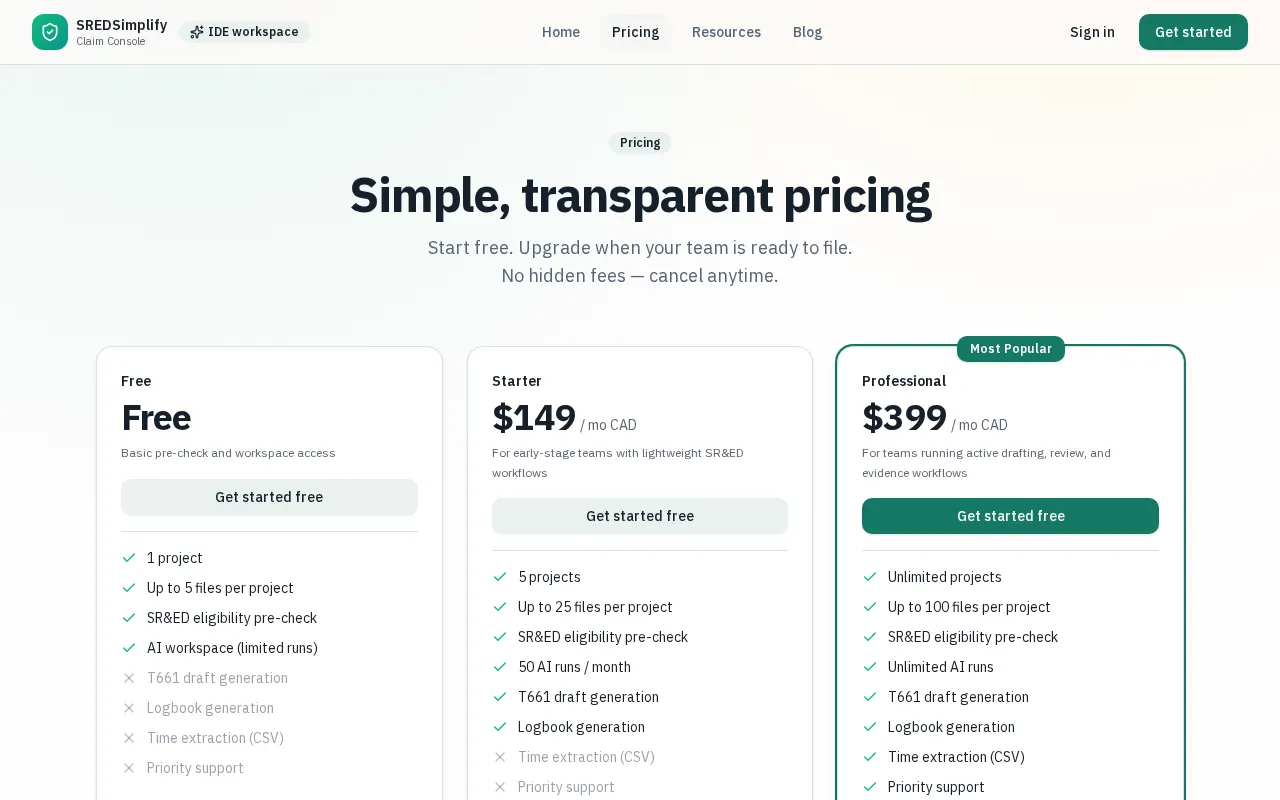 SREDSimplify — pricing page