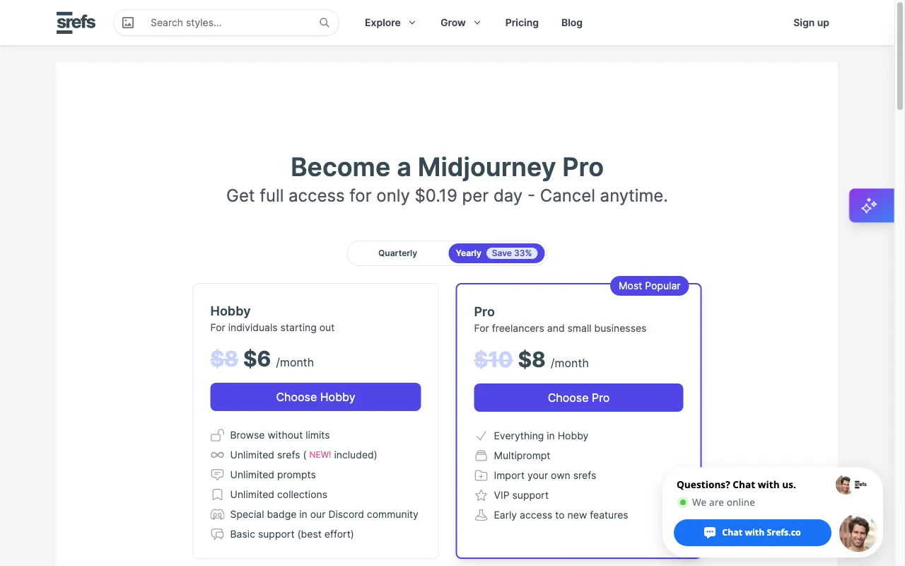Srefs.co — pricing page