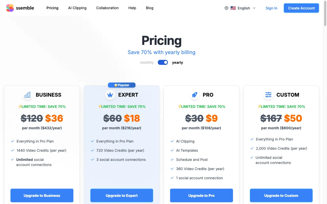 Ssemble YouTube Shorts Maker — pricing page