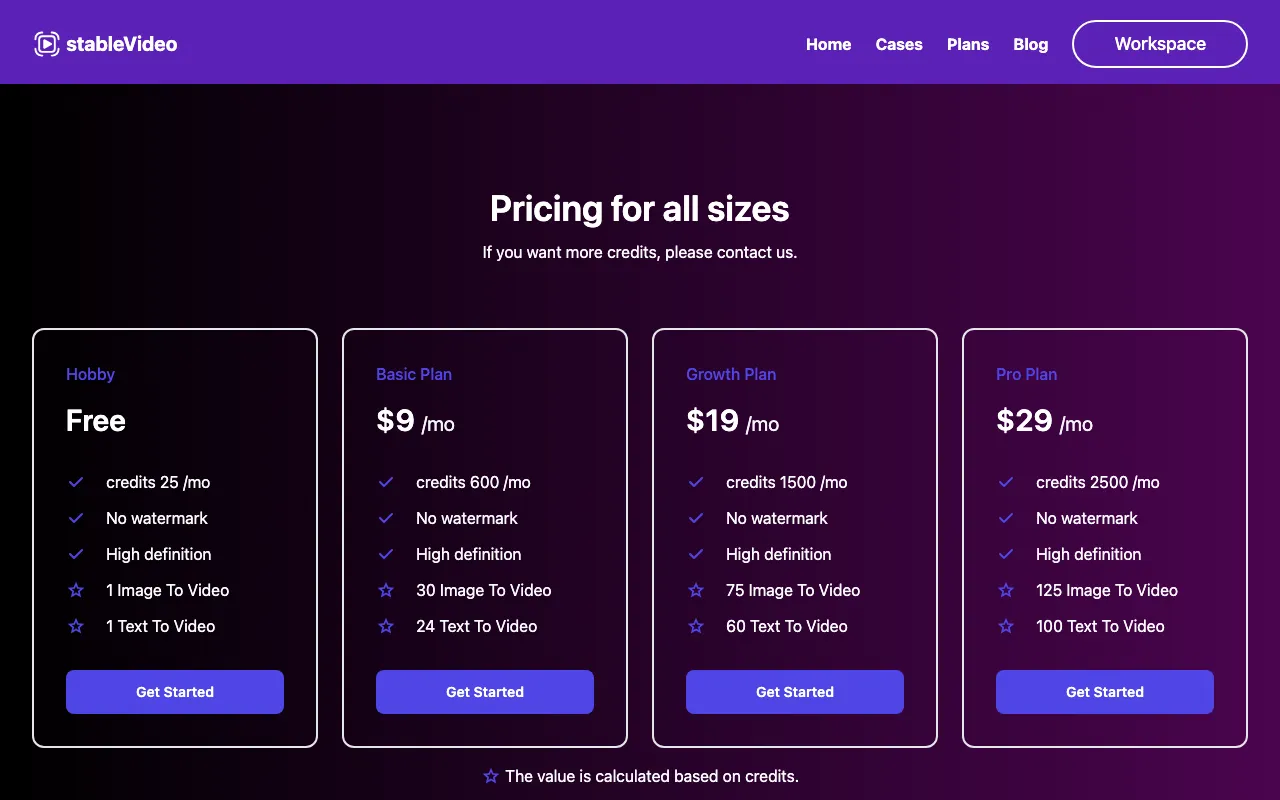 Stable Video — pricing page