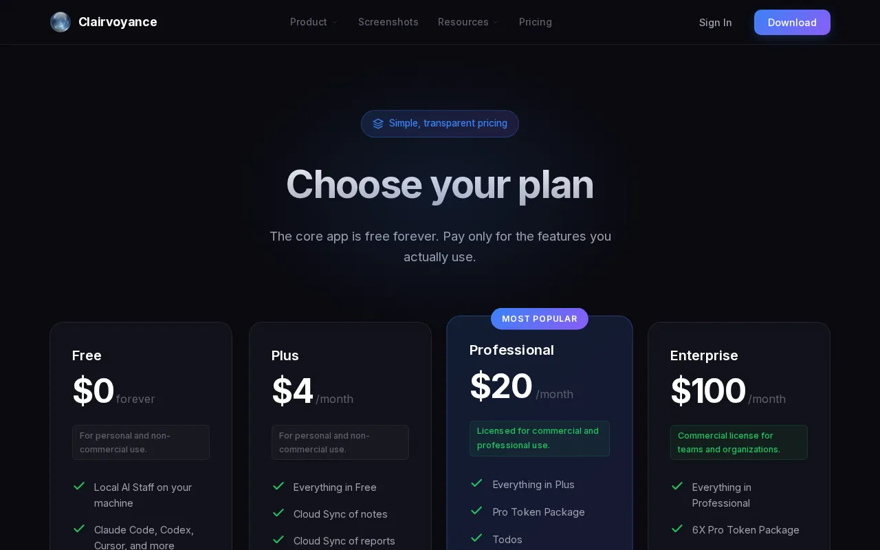 Clairvoyance — pricing page