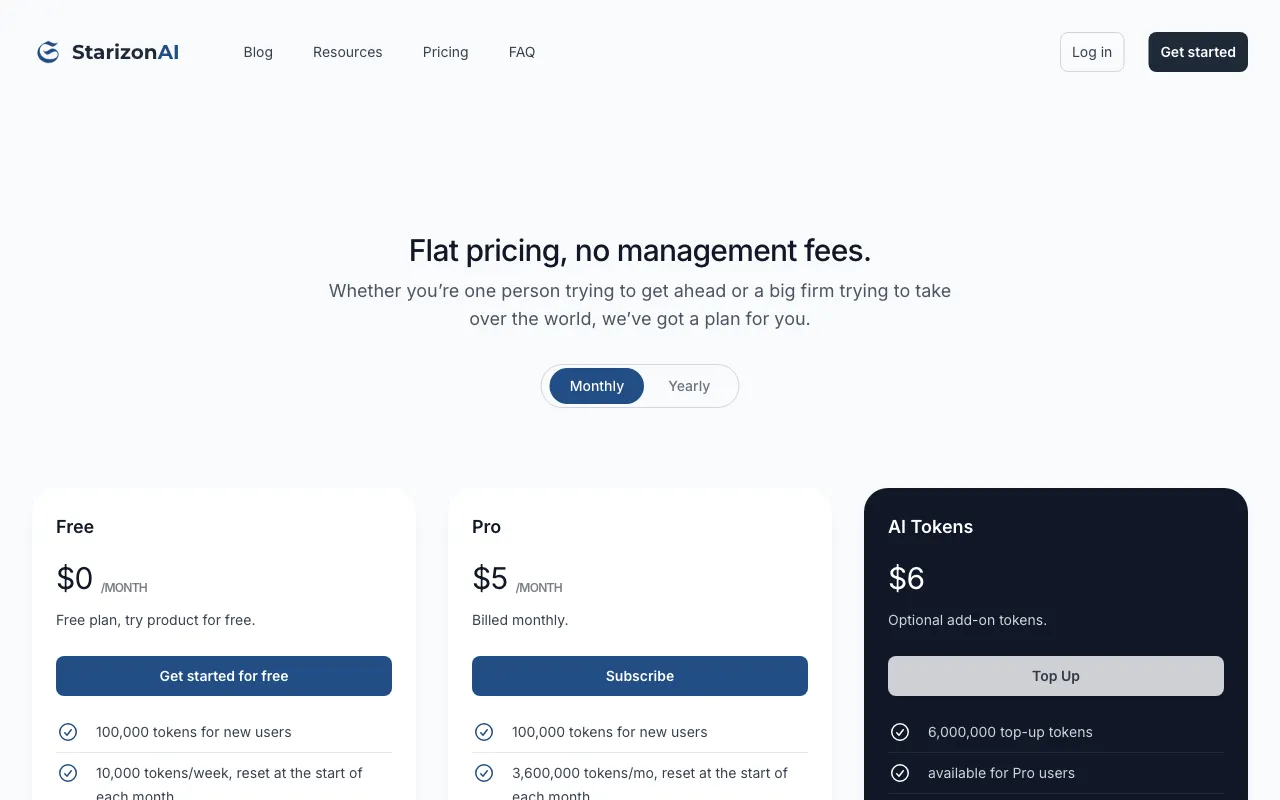 StarizonAI — pricing page