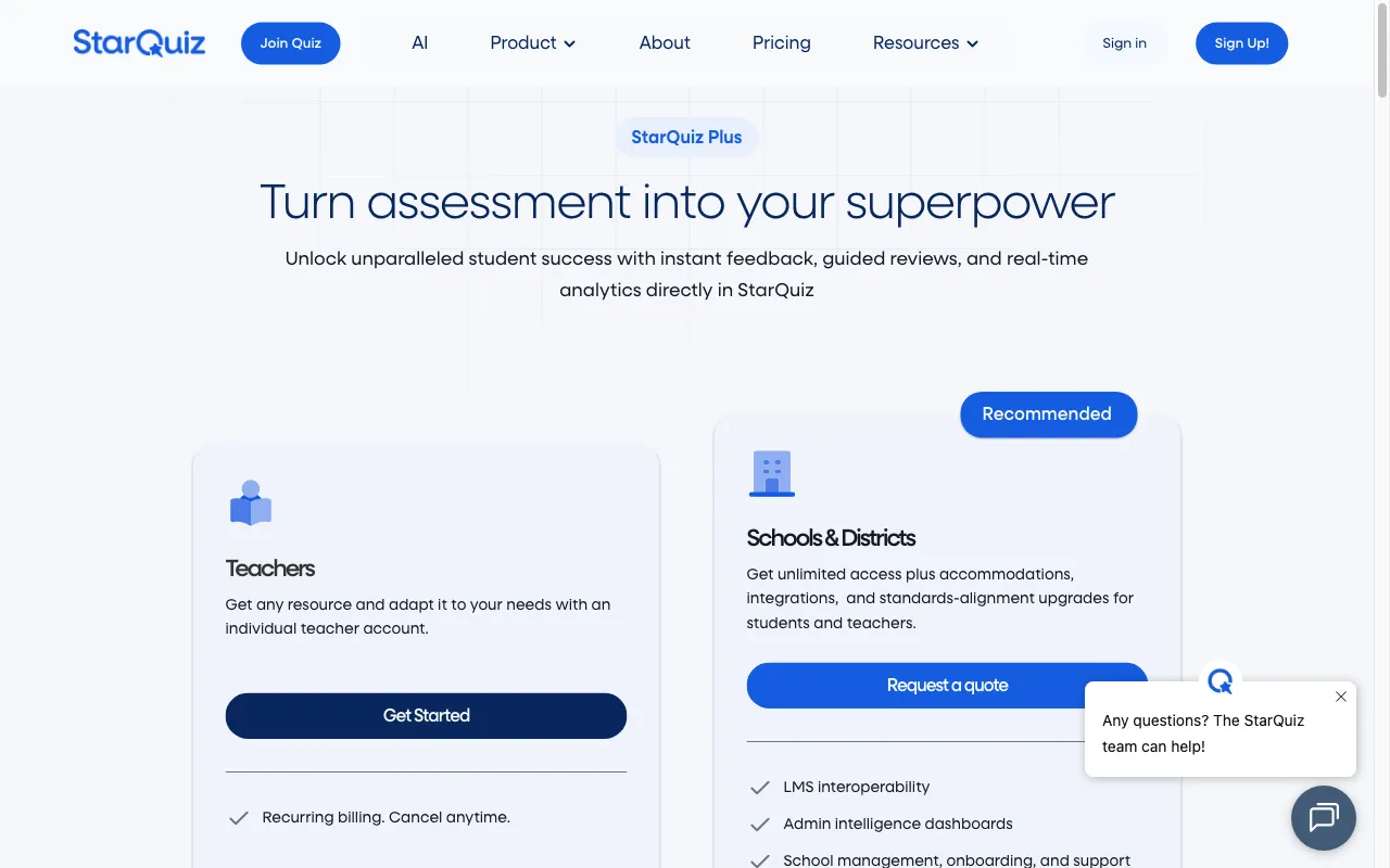 StarQuiz.ai — pricing page