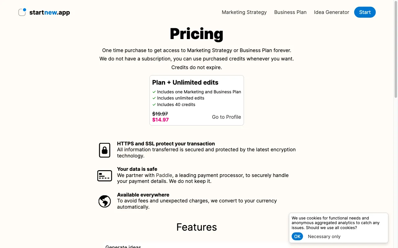 startnew.app — pricing page