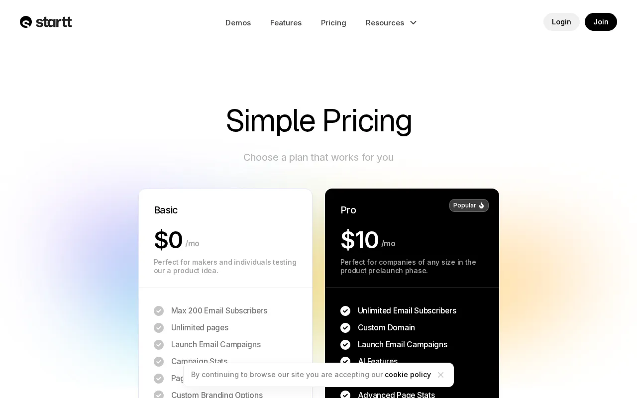Startt — pricing page